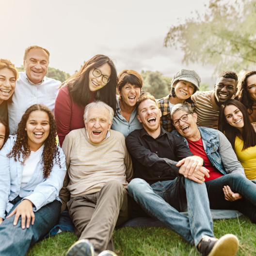 Das Gruppenbild zeigt eine Gruppe von mehreren lachenden Menschen aus unterschiedlichen Generationen, die im Park im Gras sitzt und sich freut.