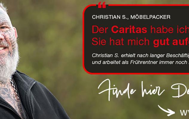 Ein tätowierter Obdachloser erklärt, dass die Caritas ihm geholfen hat.