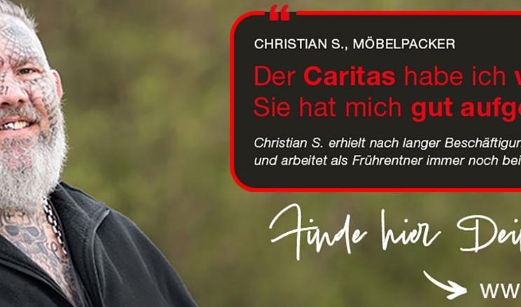 Ein tätowierter Obdachloser erklärt, dass die Caritas ihm geholfen hat.